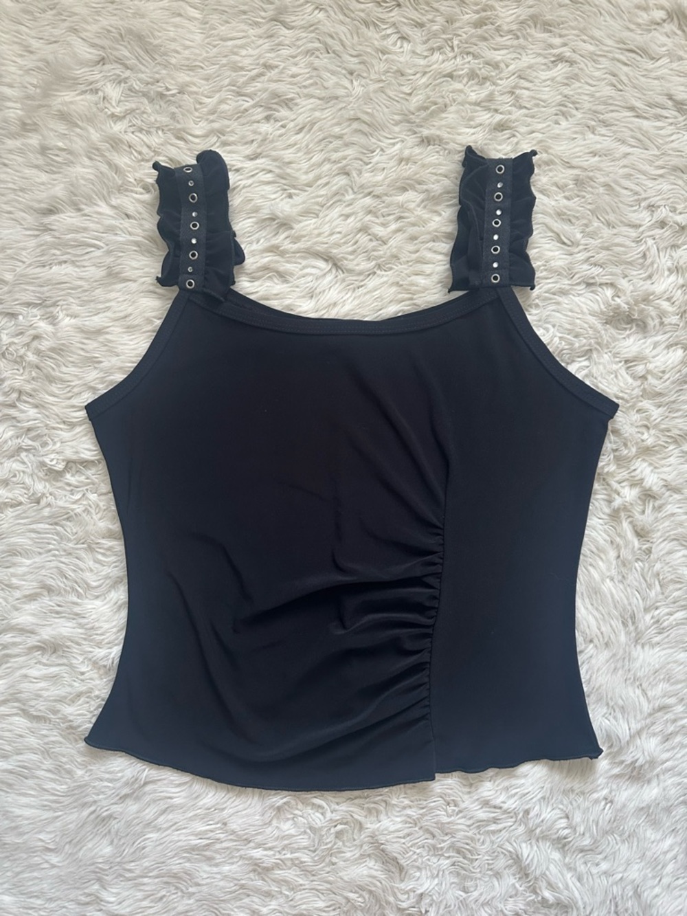 Vintage Mimoa Tank Top Ruffle Straps 90s Y2K Made In USA Stretch Black Sz L